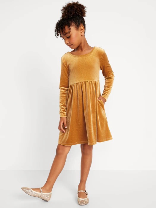 (A1) Old Navy Girls Velvet Long-Sleeve Fit & Flare Dress Gold Size M 8 Like New
